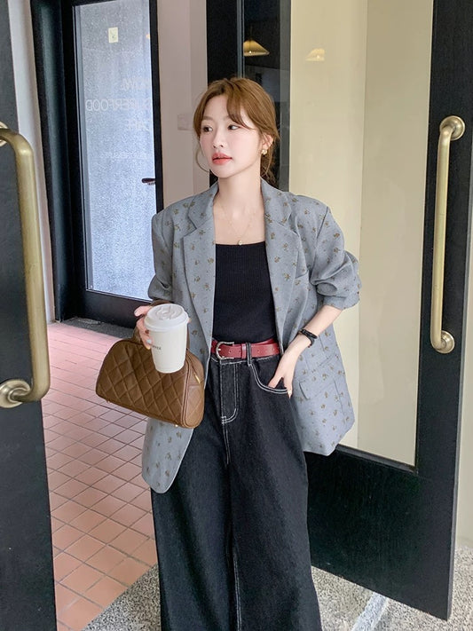 Gray Korean loose floral suit jacket for women autumn 2025 new design straight temperament small suit
