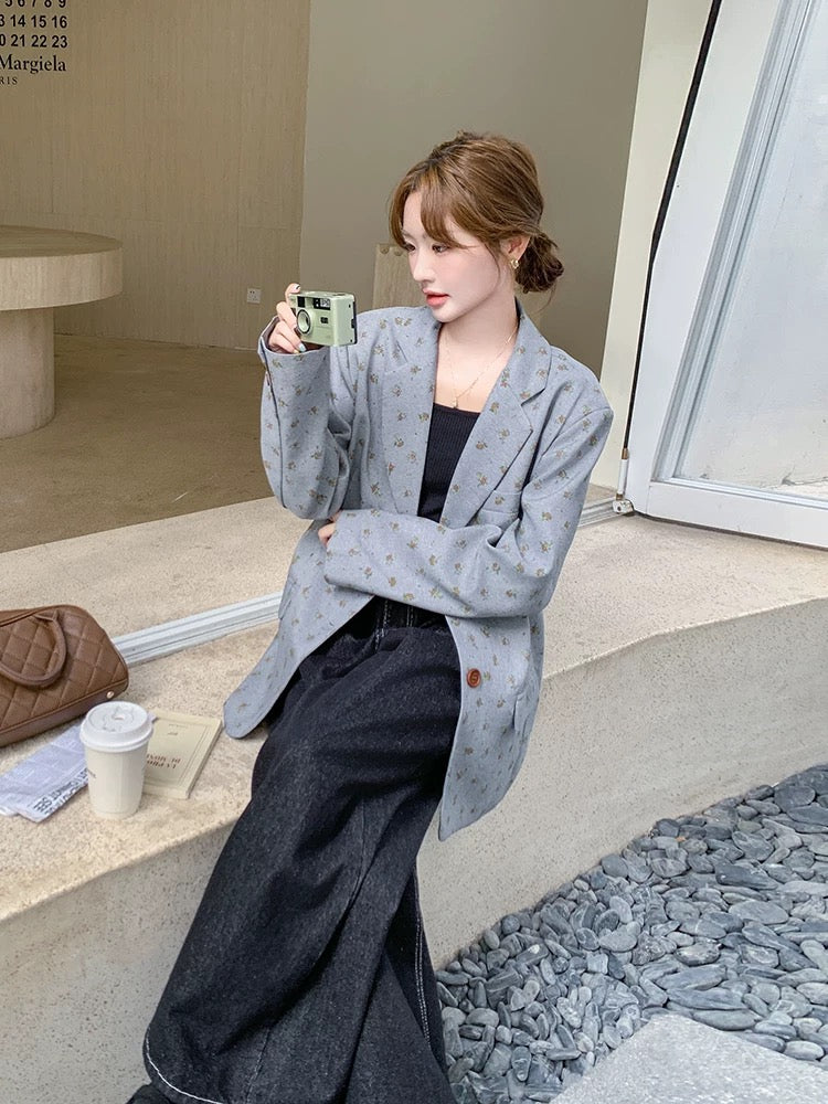 Gray Korean loose floral suit jacket for women autumn 2025 new design straight temperament small suit