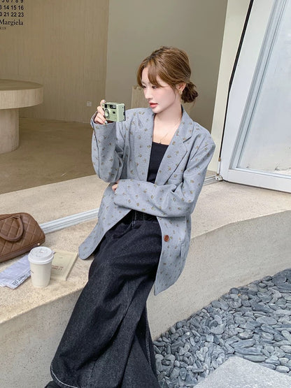 Gray Korean loose floral suit jacket for women autumn 2025 new design straight temperament small suit