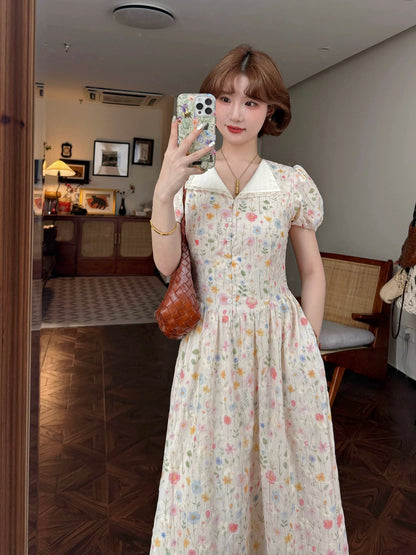 Lei Yingjun-Tianrui Flower House-Summer French Sweet Lace Splicing Lapel Floral Elegant Dress JF6291