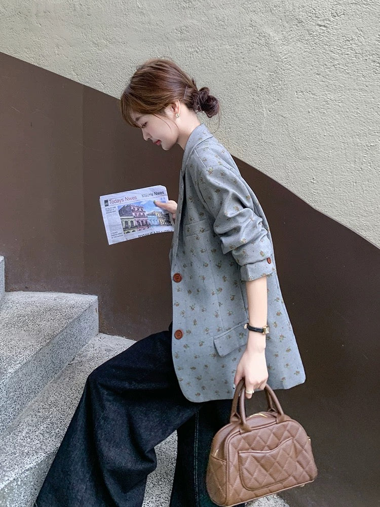 Gray Korean loose floral suit jacket for women autumn 2025 new design straight temperament small suit