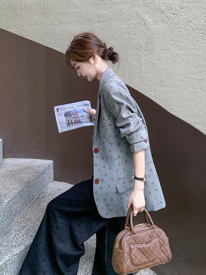 Gray Korean loose floral suit jacket for women autumn 2025 new design straight temperament small suit