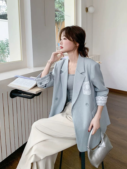Blue lace stitching suit jacket women autumn 2025 new style super hot Korean version casual temperament high-end suit