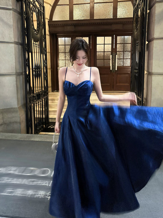 Good Job! 【Agate Nocturne】French-style Blue Satin Suspender Dress, A-line Skirt, Elegant Bodycon Gown