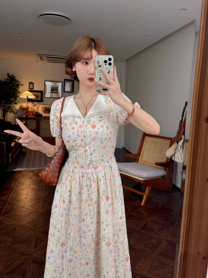 Lei Yingjun-Tianrui Flower House-Summer French Sweet Lace Splicing Lapel Floral Elegant Dress JF6291