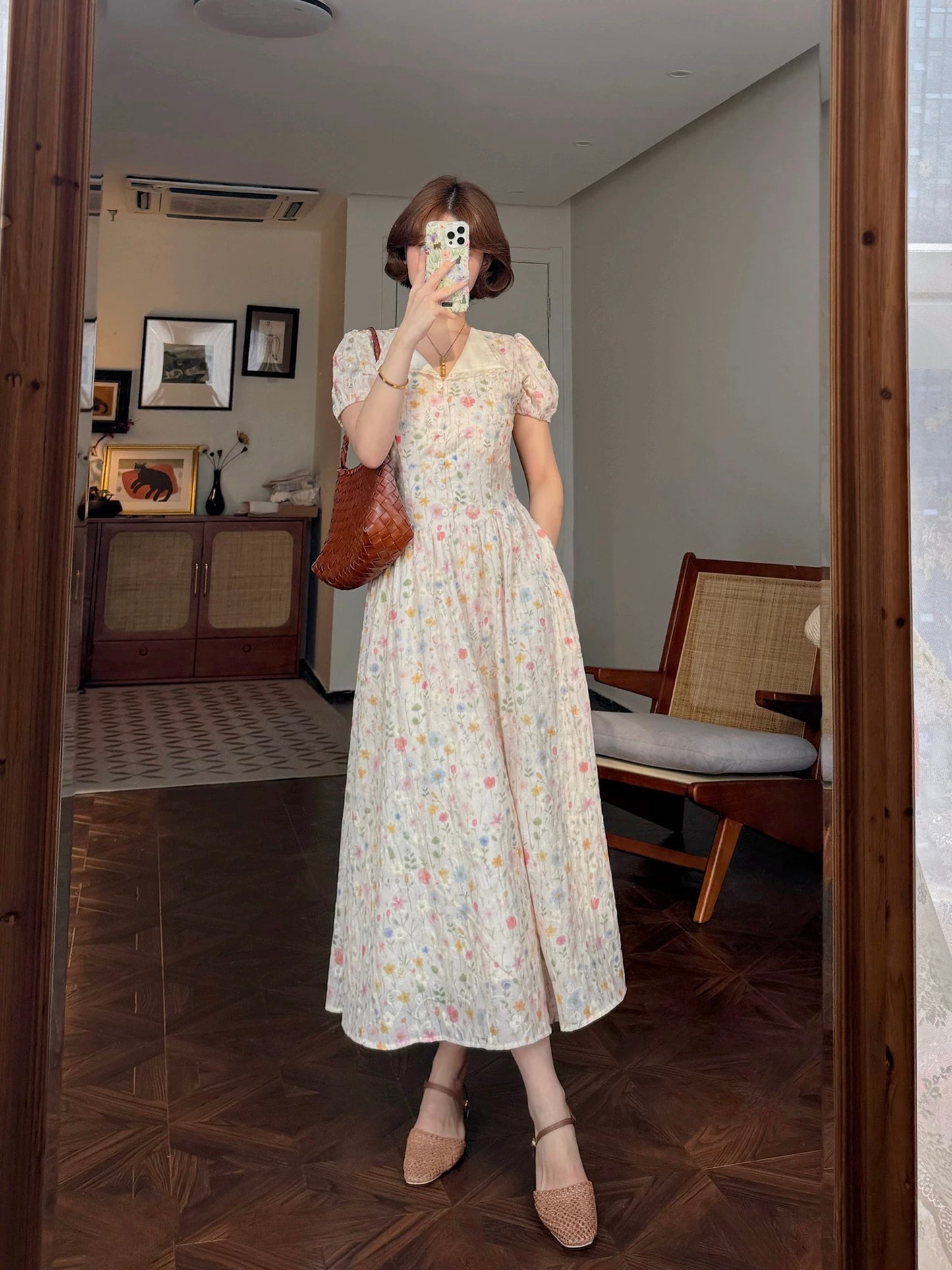 Lei Yingjun-Tianrui Flower House-Summer French Sweet Lace Splicing Lapel Floral Elegant Dress JF6291