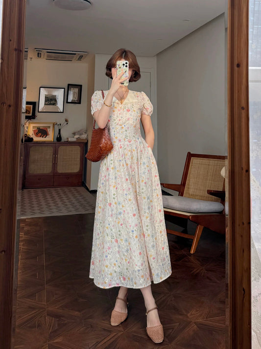 Lei Yingjun-Tianrui Flower House-Summer French Sweet Lace Splicing Lapel Floral Elegant Dress JF6291
