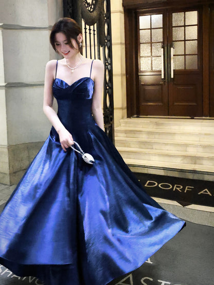 Good Job! 【Agate Nocturne】French-style Blue Satin Suspender Dress, A-line Skirt, Elegant Bodycon Gown