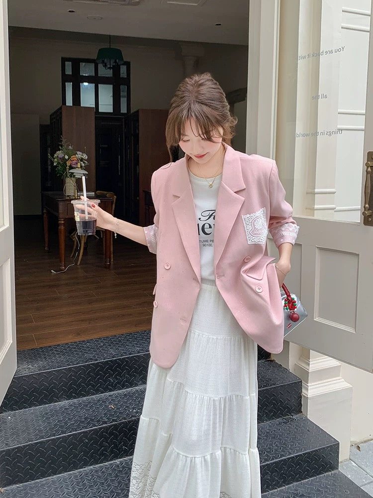 Blue lace stitching suit jacket women autumn 2025 new style super hot Korean version casual temperament high-end suit
