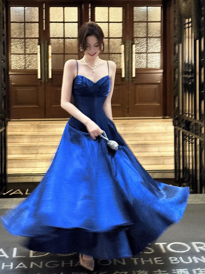 Good Job! 【Agate Nocturne】French-style Blue Satin Suspender Dress, A-line Skirt, Elegant Bodycon Gown