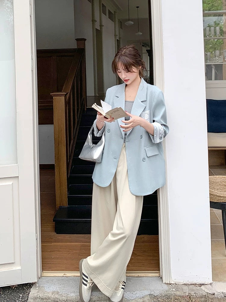 Blue lace stitching suit jacket women autumn 2025 new style super hot Korean version casual temperament high-end suit