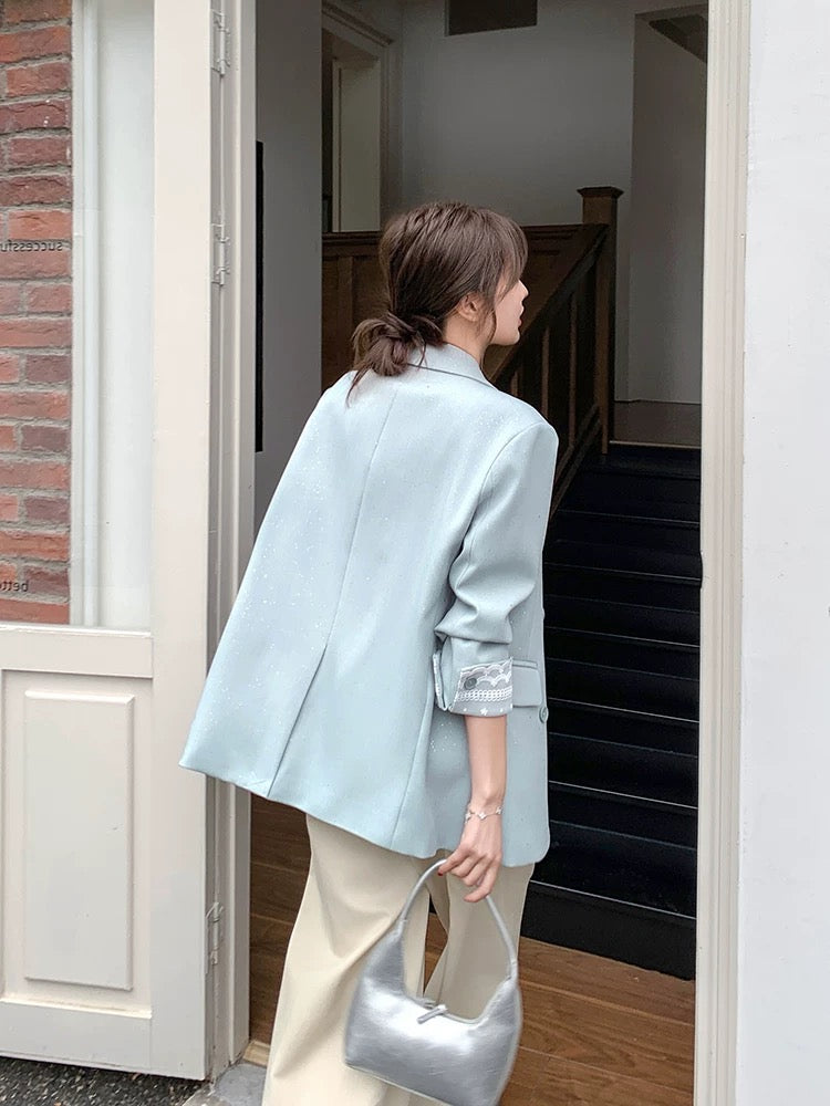 Blue lace stitching suit jacket women autumn 2025 new style super hot Korean version casual temperament high-end suit