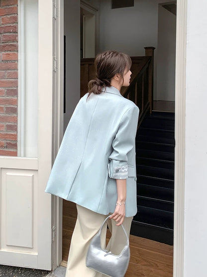 Blue lace stitching suit jacket women autumn 2025 new style super hot Korean version casual temperament high-end suit