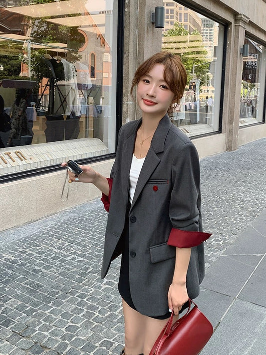 Gray stitching contrasting suit jacket for women autumn 2025 new style temperament high-end Korean style loose casual suit