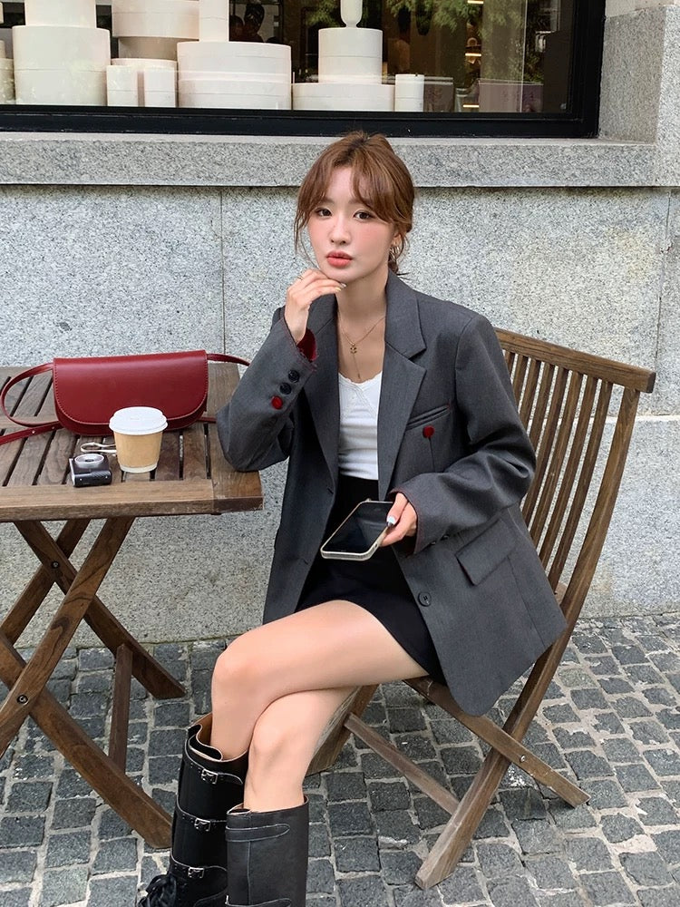 Gray stitching contrasting suit jacket for women autumn 2025 new style temperament high-end Korean style loose casual suit