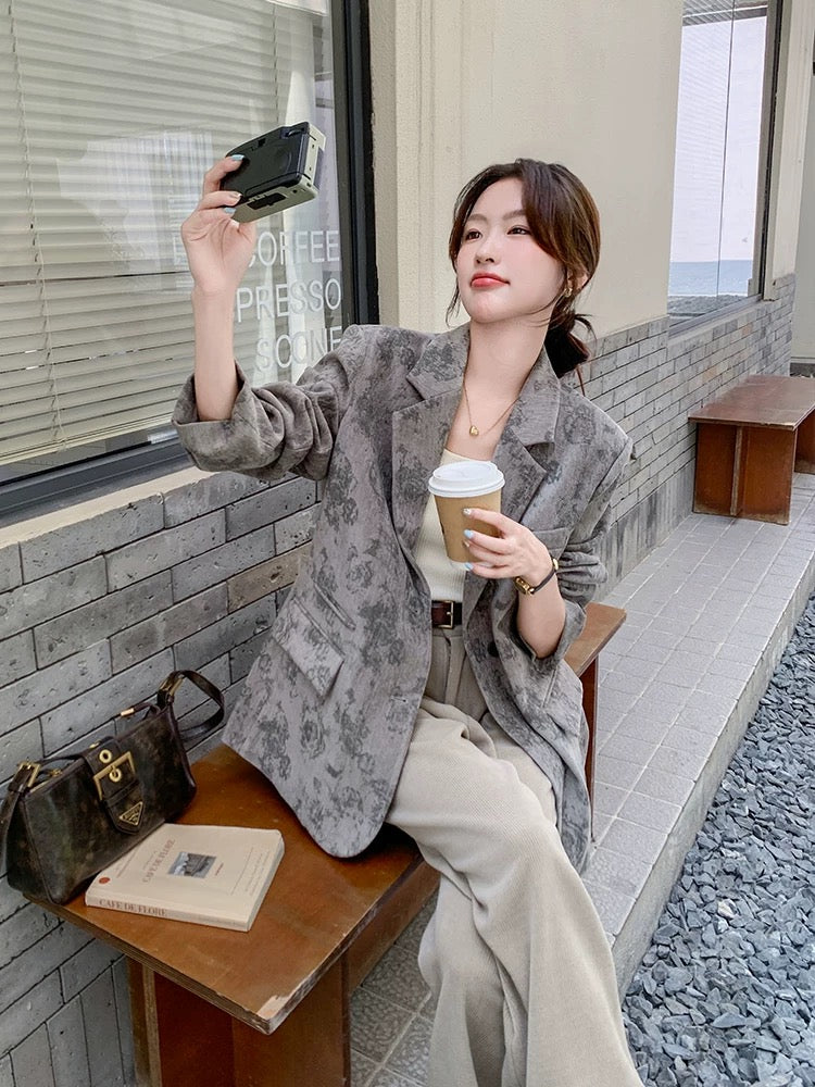 High-end Korean style temperament printed suit jacket for women autumn 2025 new lazy style loose casual small suit