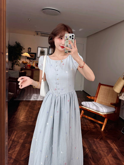 Lei Yingjun-Qingxixia-Summer French A-line umbrella design waist sweet floral dress-JF5871