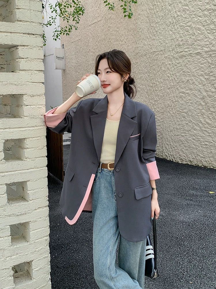 Gray fashion stitching contrast color suit jacket women spring and autumn 2025 new style casual loose temperament high-end suit