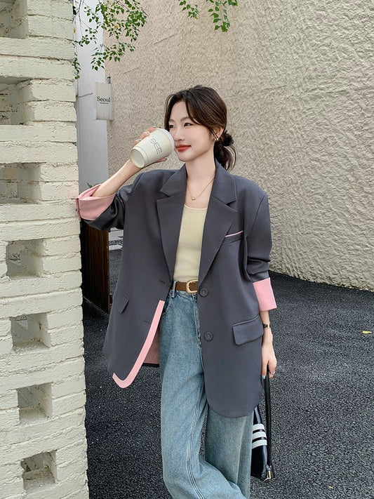 Gray fashion stitching contrast color suit jacket women spring and autumn 2025 new style casual loose temperament high-end suit