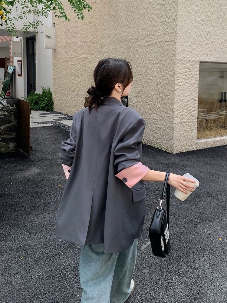 Gray fashion stitching contrast color suit jacket women spring and autumn 2025 new style casual loose temperament high-end suit