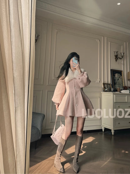 LUOLUOZ【Neon Dream】High-End Elegant Short Coat with Furry Collar and Slim Waist CC289