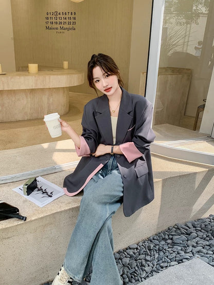 Gray fashion stitching contrast color suit jacket women spring and autumn 2025 new style casual loose temperament high-end suit
