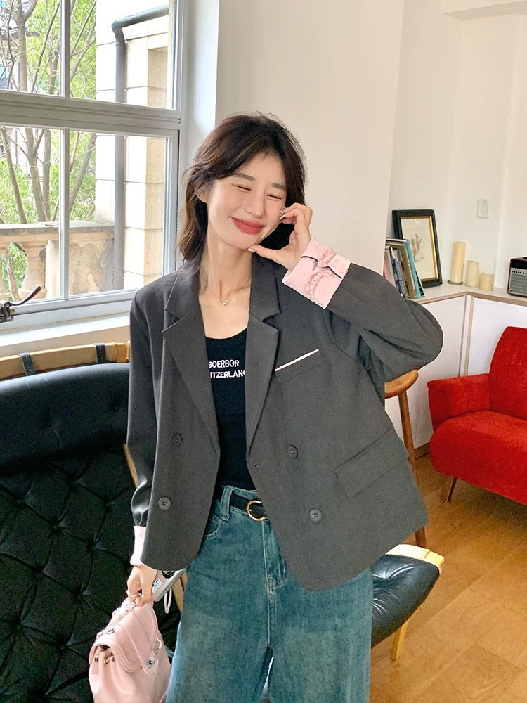 Gray new Chinese style suit jacket for women spring and autumn 2025 new small size casual stitching suit tops