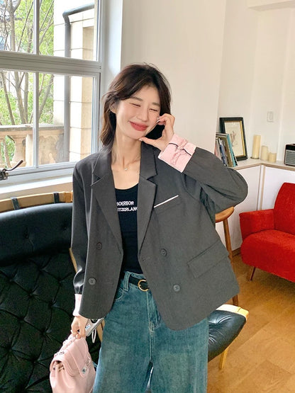 Gray new Chinese style suit jacket for women spring and autumn 2025 new small size casual stitching suit tops