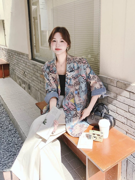 Denim patchwork graffiti plaid print suit jacket women autumn 2025 new Korean loose casual suit