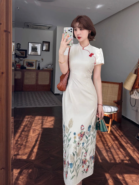 Lei Yingjun-Xunchunman-Summer new Chinese style plant print temperament straight romantic dress cheongsam