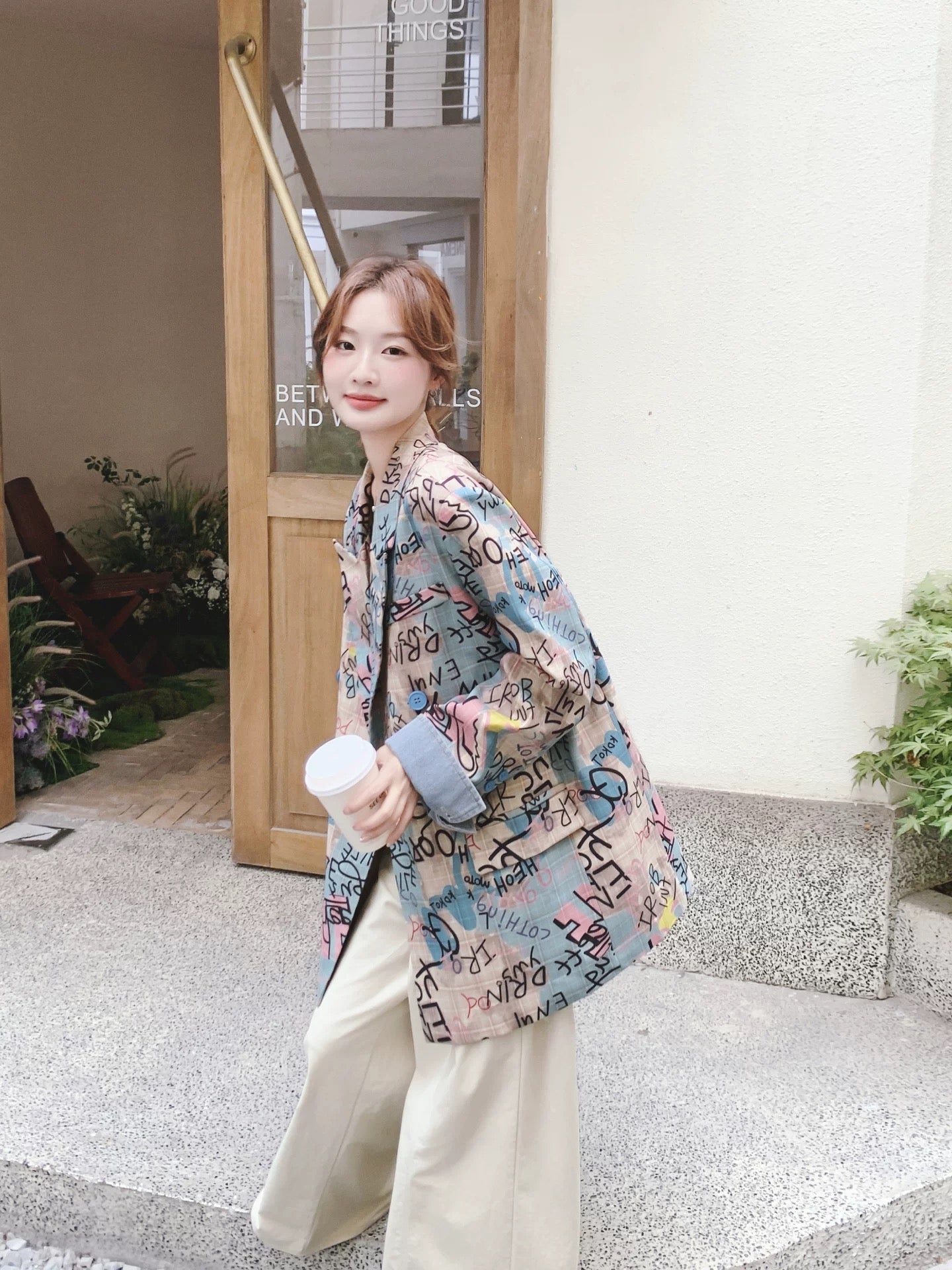 Denim patchwork graffiti plaid print suit jacket women autumn 2025 new Korean loose casual suit