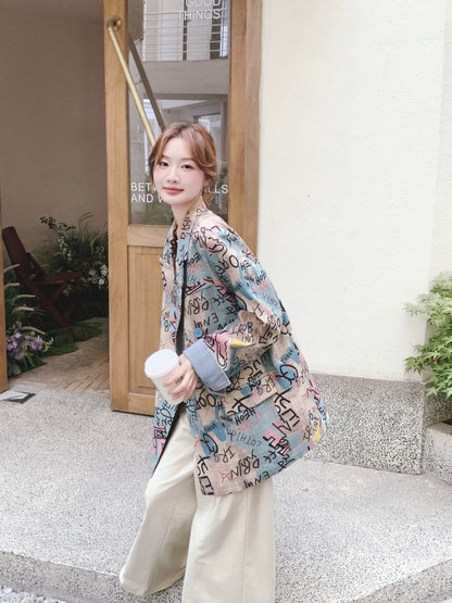 Denim patchwork graffiti plaid print suit jacket women autumn 2025 new Korean loose casual suit