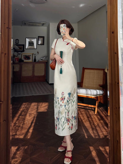 Lei Yingjun-Xunchunman-Summer new Chinese style plant print temperament straight romantic dress cheongsam