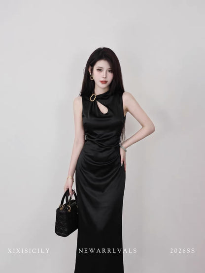Sicily French-style sleeveless black summer dress with a cinched waist, slimming, elegant, and subtly luxurious feel.