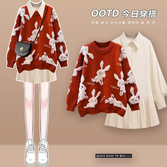New Year's battle suit shirt dress women's spring and winter 2024 New Year's Eve wear Dragon Year New Year red sweater skirt suit