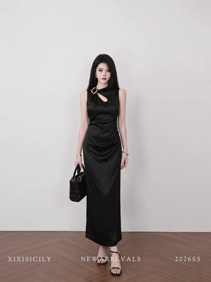 Sicily French-style sleeveless black summer dress with a cinched waist, slimming, elegant, and subtly luxurious feel.