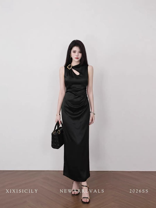 Sicily French-style sleeveless black summer dress with a cinched waist, slimming, elegant, and subtly luxurious feel.