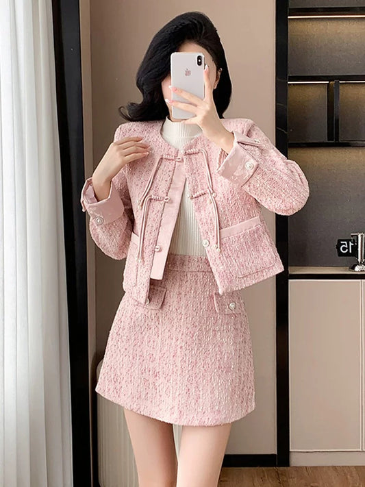 Pink small fragrance suit for women in early autumn, new Chinese style button top jacket, high-end light national style daily two-piece set