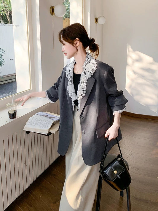 Gray lace stitching suit jacket for women autumn 2025 new style super hot temperament high-end design casual suit