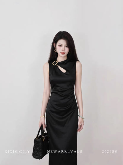 Sicily French-style sleeveless black summer dress with a cinched waist, slimming, elegant, and subtly luxurious feel.