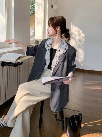 Gray lace stitching suit jacket for women autumn 2025 new style super hot temperament high-end design casual suit