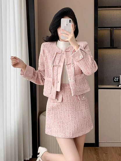 Pink small fragrance suit for women in early autumn, new Chinese style button top jacket, high-end light national style daily two-piece set