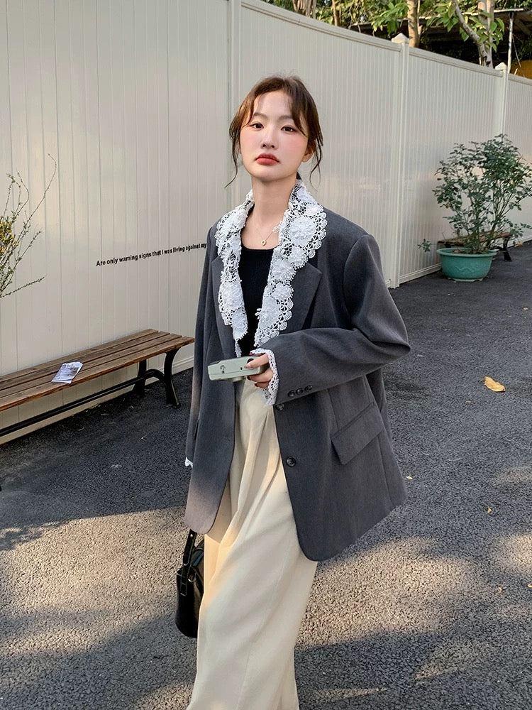 Gray lace stitching suit jacket for women autumn 2025 new style super hot temperament high-end design casual suit