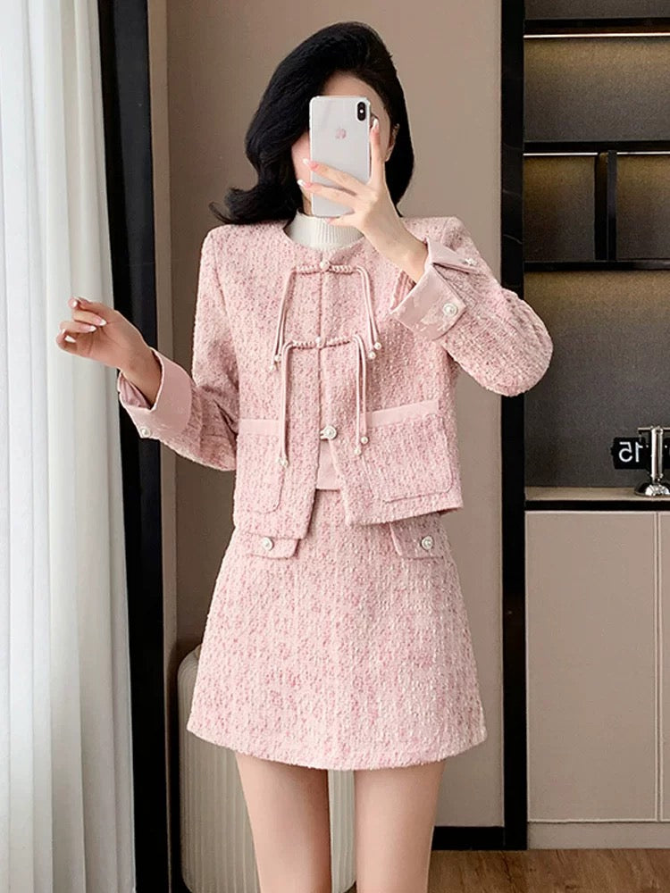 Pink small fragrance suit for women in early autumn, new Chinese style button top jacket, high-end light national style daily two-piece set