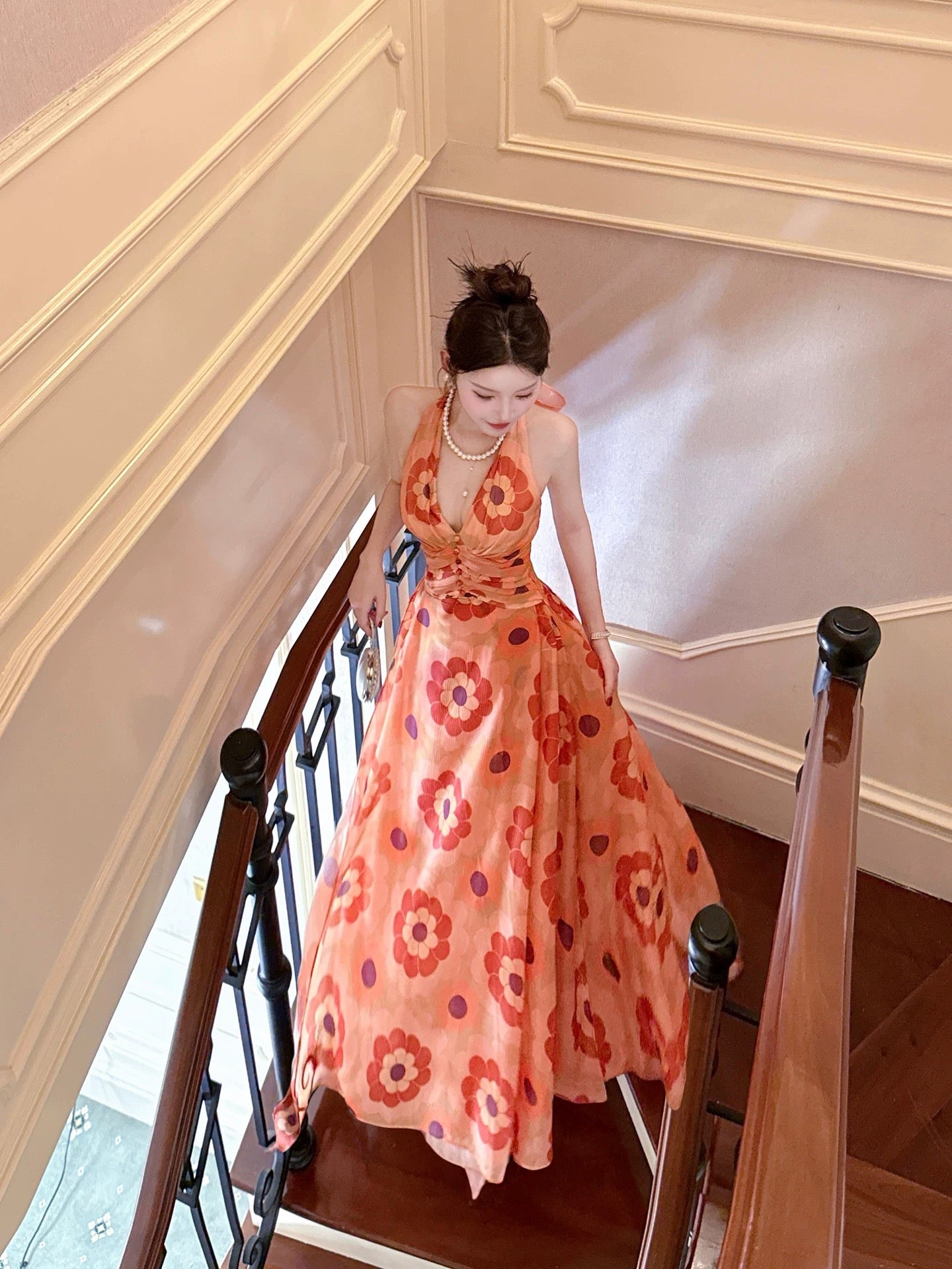 Good Job! 【Mirror Flower Romance】French Orange-Red Floral Print Halter Dress - Dopamine Vacation Style Dress
