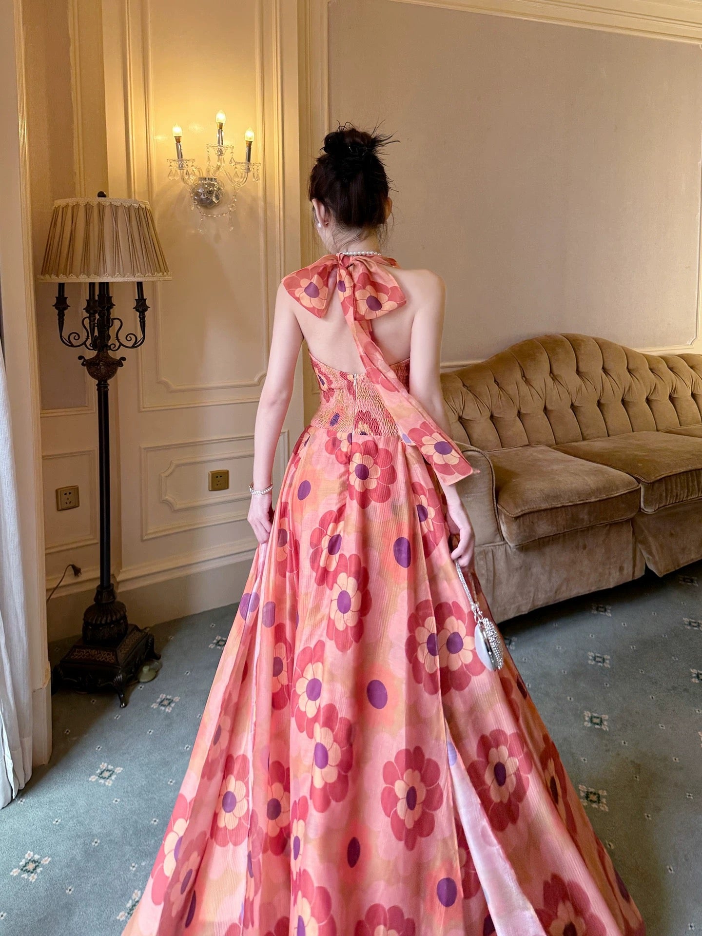 Good Job! 【Mirror Flower Romance】French Orange-Red Floral Print Halter Dress - Dopamine Vacation Style Dress