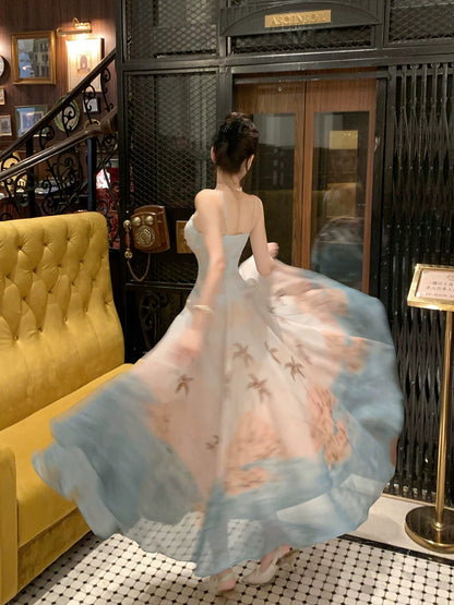 Good Job! 【Echo Island】French-style tie-dye island vacation print sundress, elegant long dress