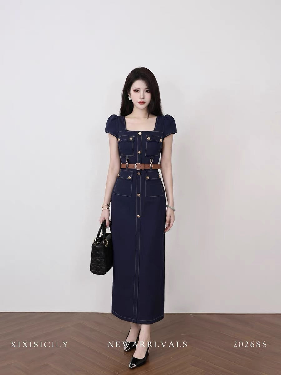 Sicily French-style square neck dress, summer style, fitted waist, suitable for commuting, high-end and elegant.