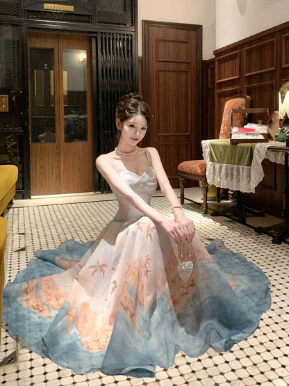 Good Job! 【Echo Island】French-style tie-dye island vacation print sundress, elegant long dress