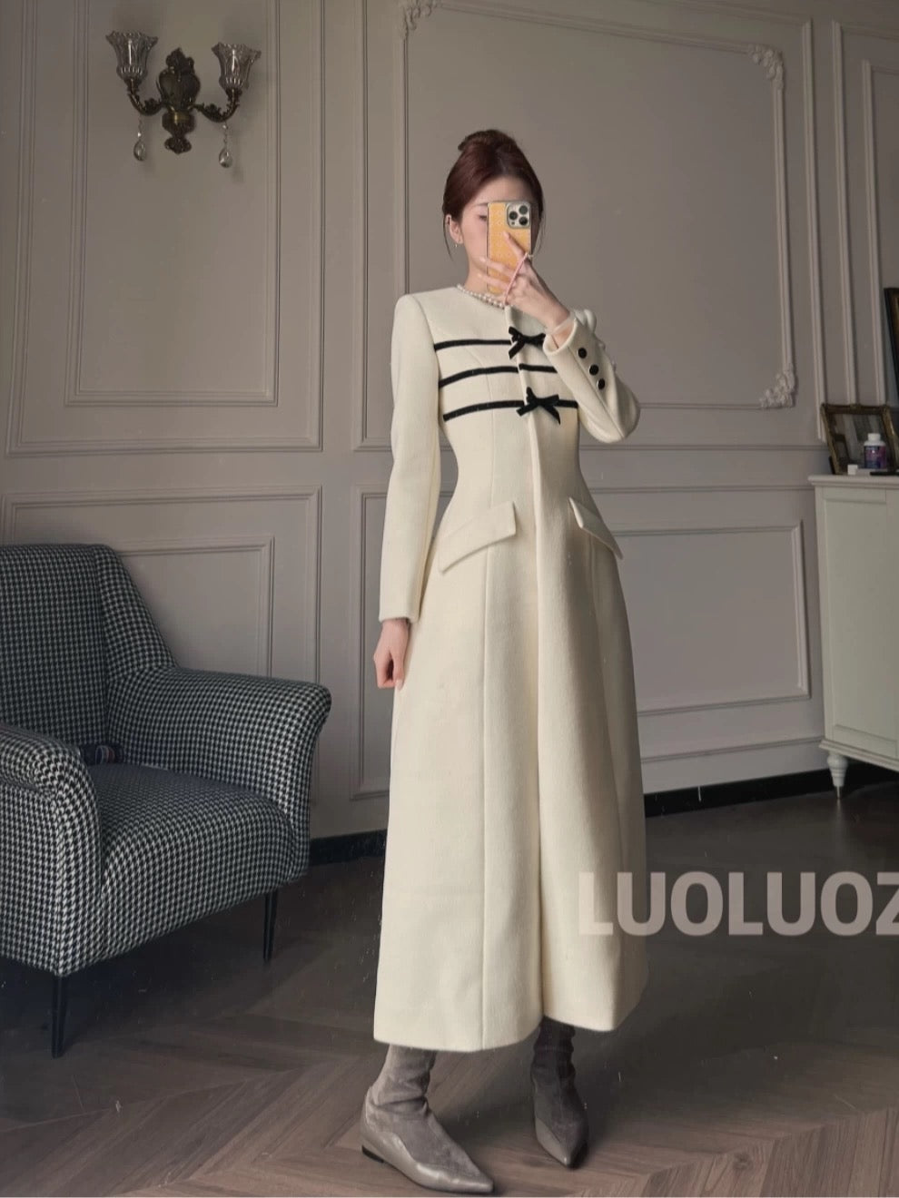 LUOLUOZ [Land Garden] Elegant Long Wool Coat with Slim Fit and a Goddess-like Style for Autumn and Winter JF109